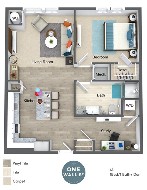 Floor plan for 1 bed, 1 bath, 828 sqft